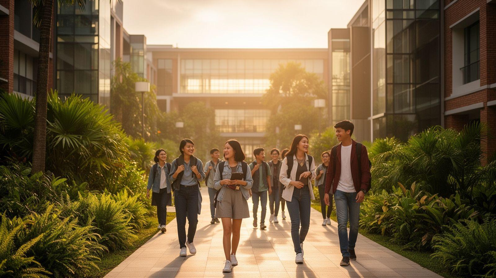 Students walking through a leafy Malaysian campus at sunrise