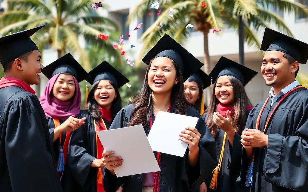 Happy graduates celebrating with a scholarship certificate on convocation day