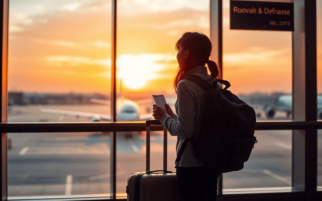 Student with a suitcase watching a plane at the departure gate at sunrise