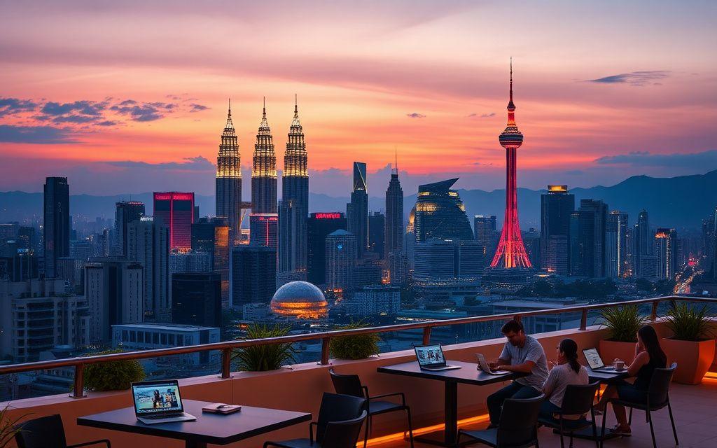 Students studying on a rooftop terrace with the Kuala Lumpur skyline at dusk