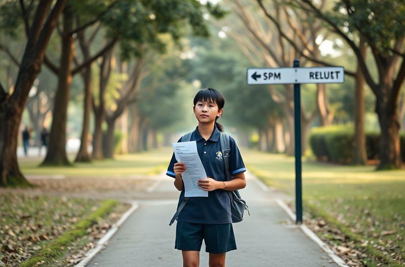 A student with SPM results standing at a crossroads in a park
