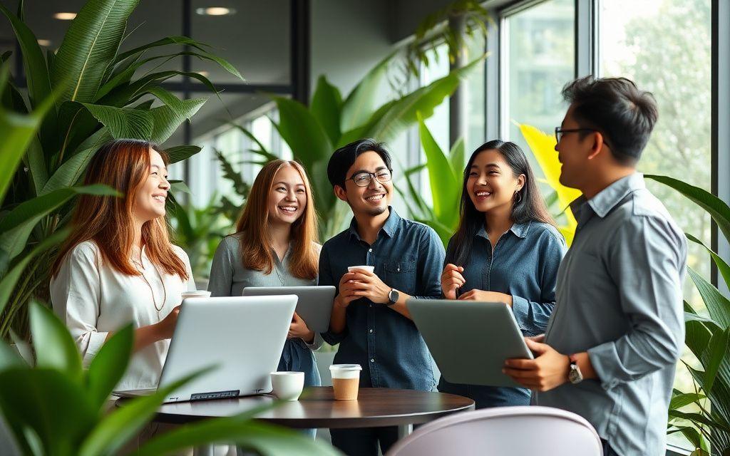 The FernWorks team chatting in a plant-filled office lounge